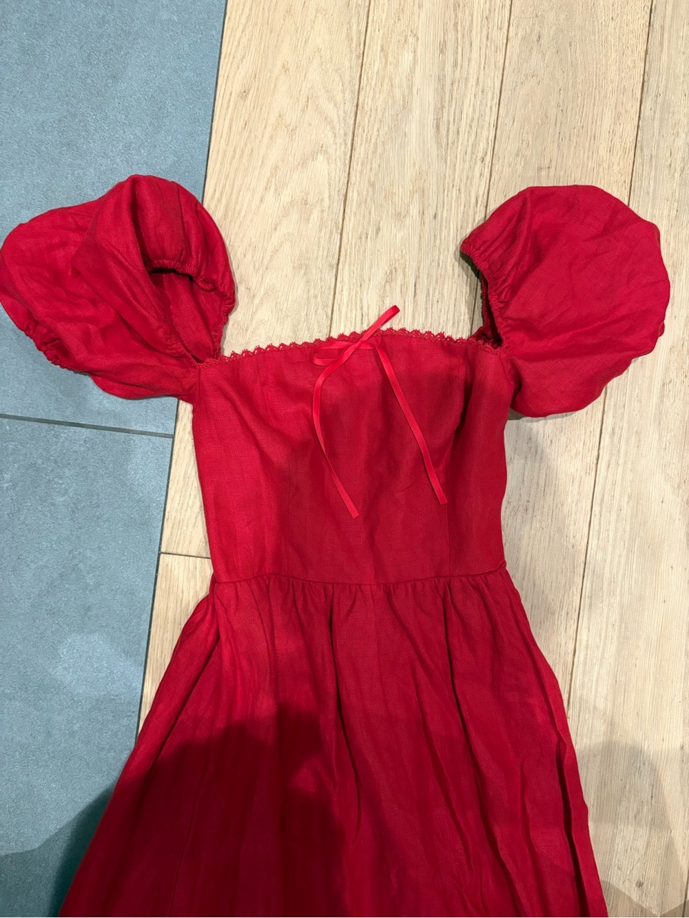 Reformation Marella Red Puff-Sleeve Square Neck Linen Midi Dress - Picture 5 of 9